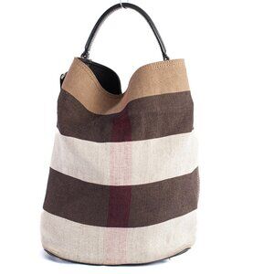 Authentic Burberry Ashby Check Canvas and Leather Bucket Bag